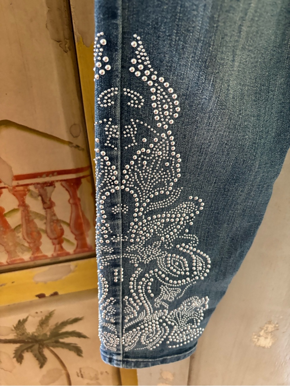 Soft Surroundings Indigo Ankle Jeans with White Embroidered Cuffs - Picture 4 of 10